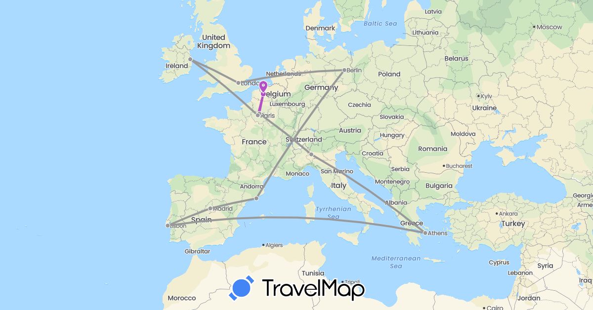 TravelMap itinerary: driving, plane, train in Germany, Spain, France, United Kingdom, Greece, Ireland, Italy, Portugal (Europe)